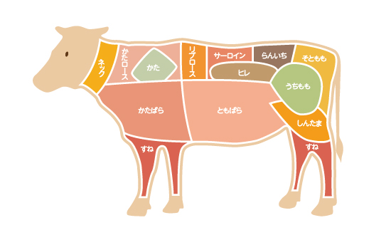 牛肉の部位（いきなりステーキではリブロース、サーロイン、ヒレ、牛肩ロースなどがメニュー）