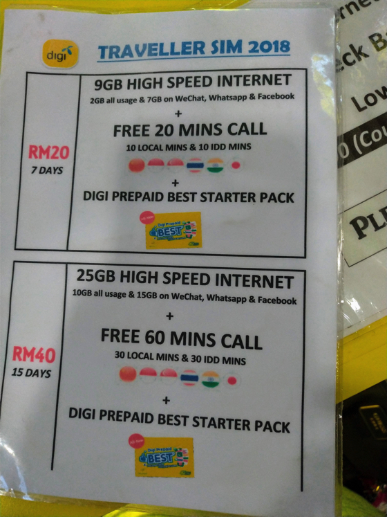 マレーシアの通信キャリアDiGi（ディジ）のトラベラーSIMパッケージ